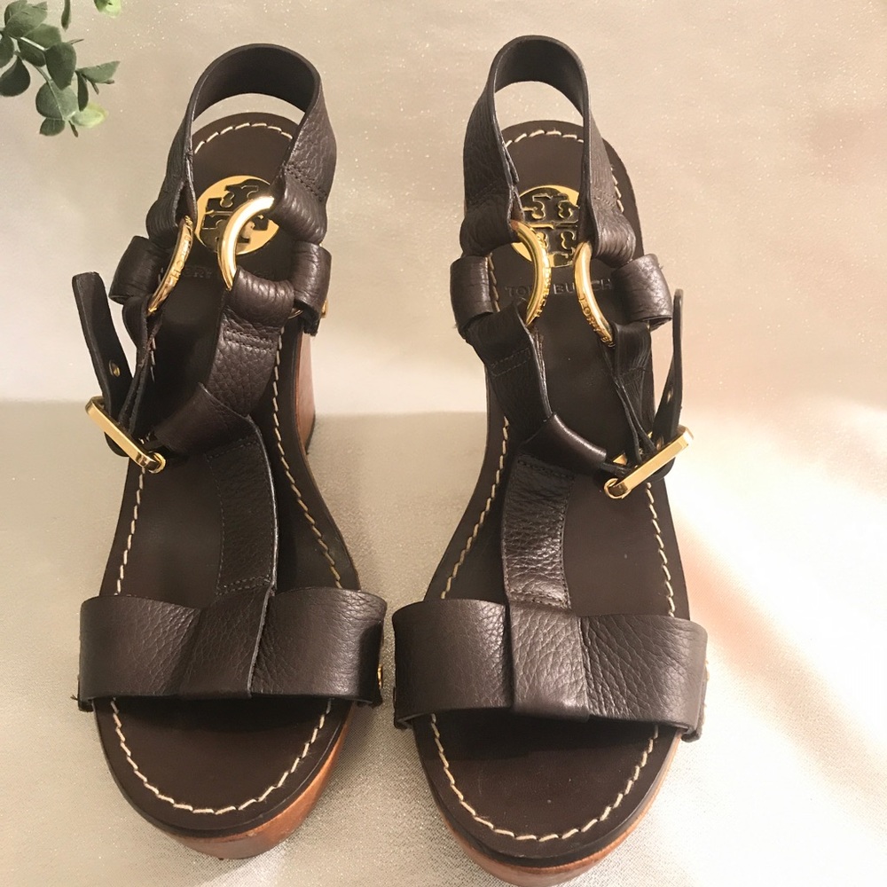 TORY BURCH Brown Wooden Leather Wedge Sandals